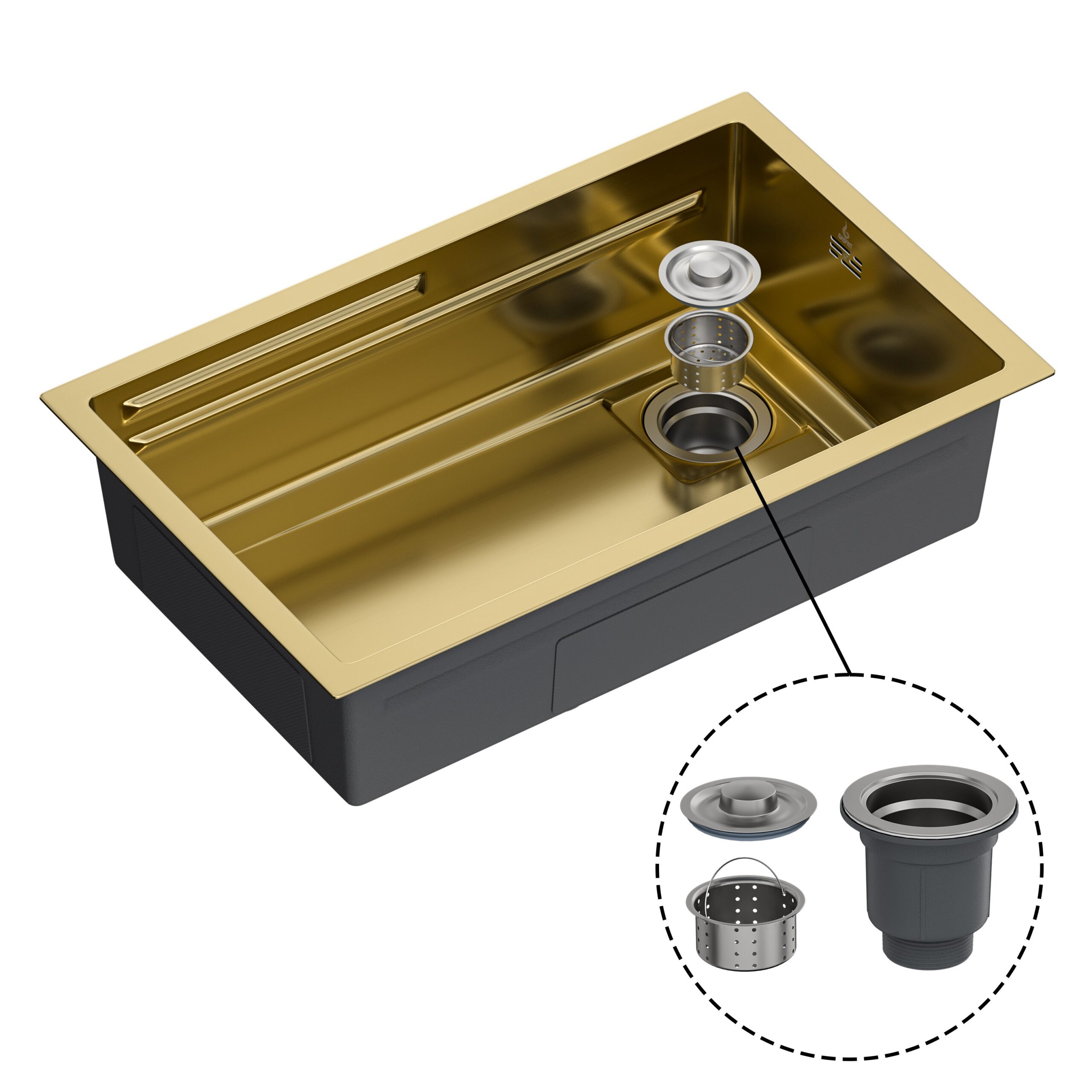 Fregadero de cocina , con sifon ,para encimera de acero inox color dorado , 700x440x188mm
