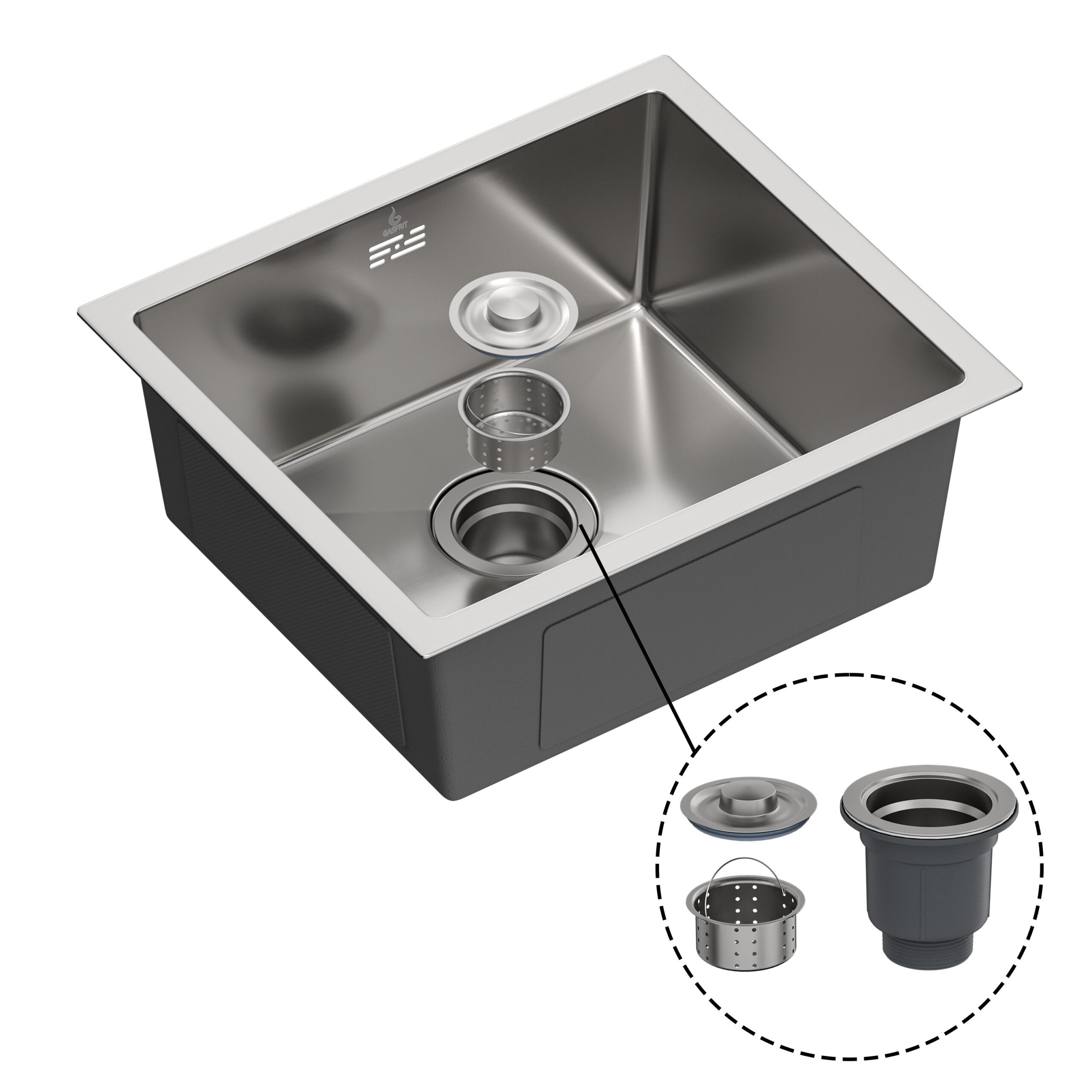 Fregadero de cocina , con sifon ,para encimera de acero inox color gris , 410 x 470 mm