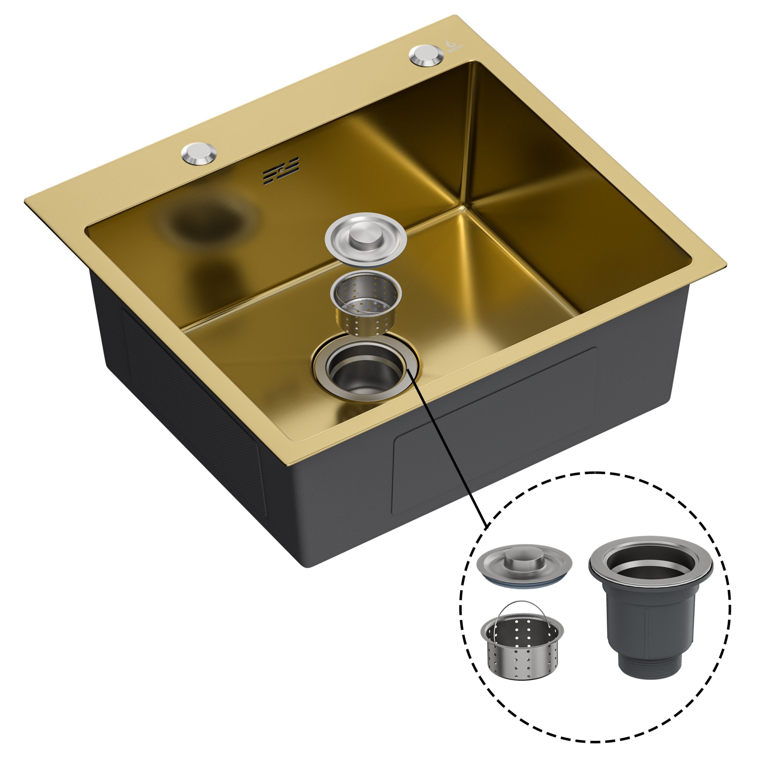 Fregadero de cocina , con sifon ,para encimera de acero inox color dorado , 540x490x195mm