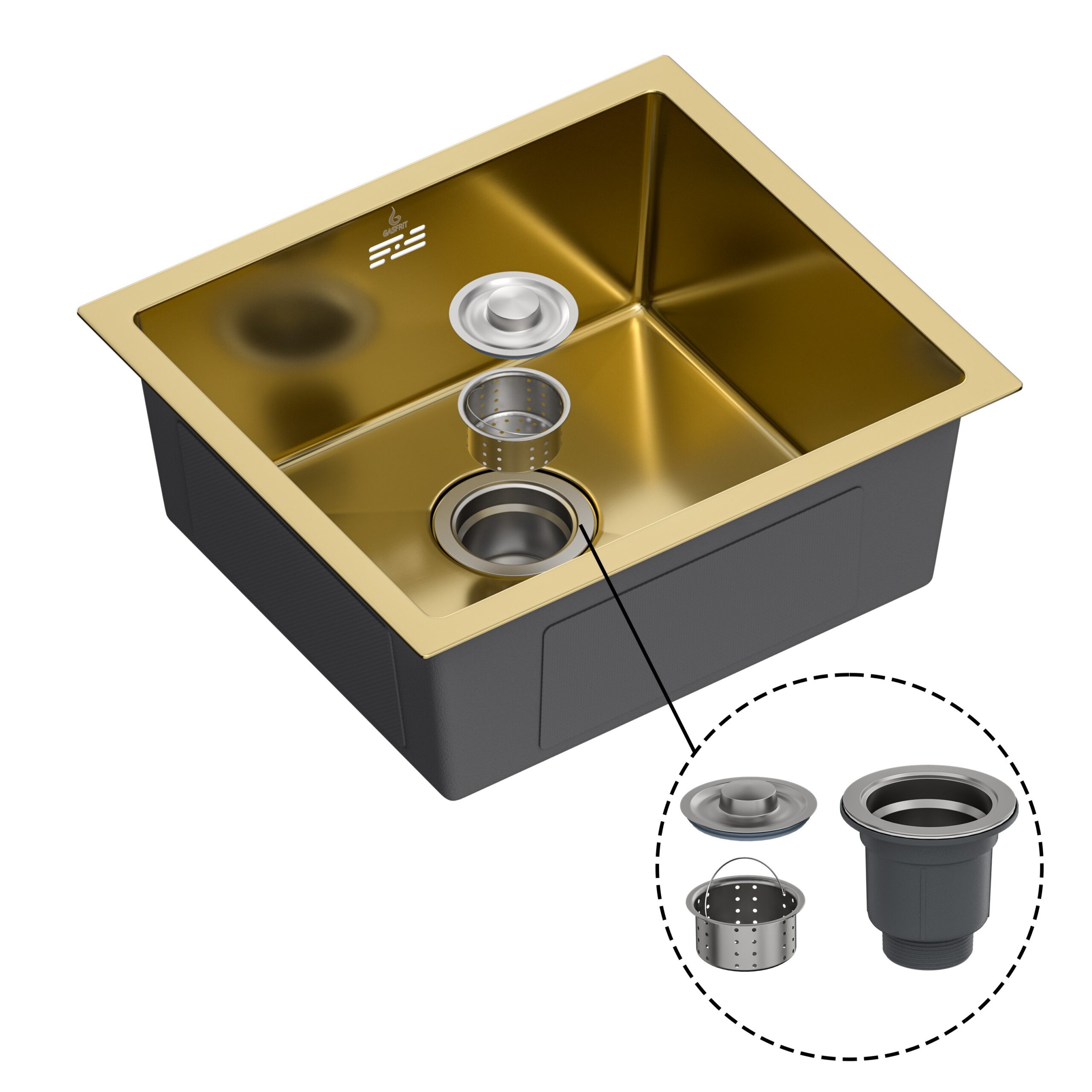 Fregadero de cocina , con sifon ,para encimera de acero inox color dorado , 410 x 470 x 200 mm