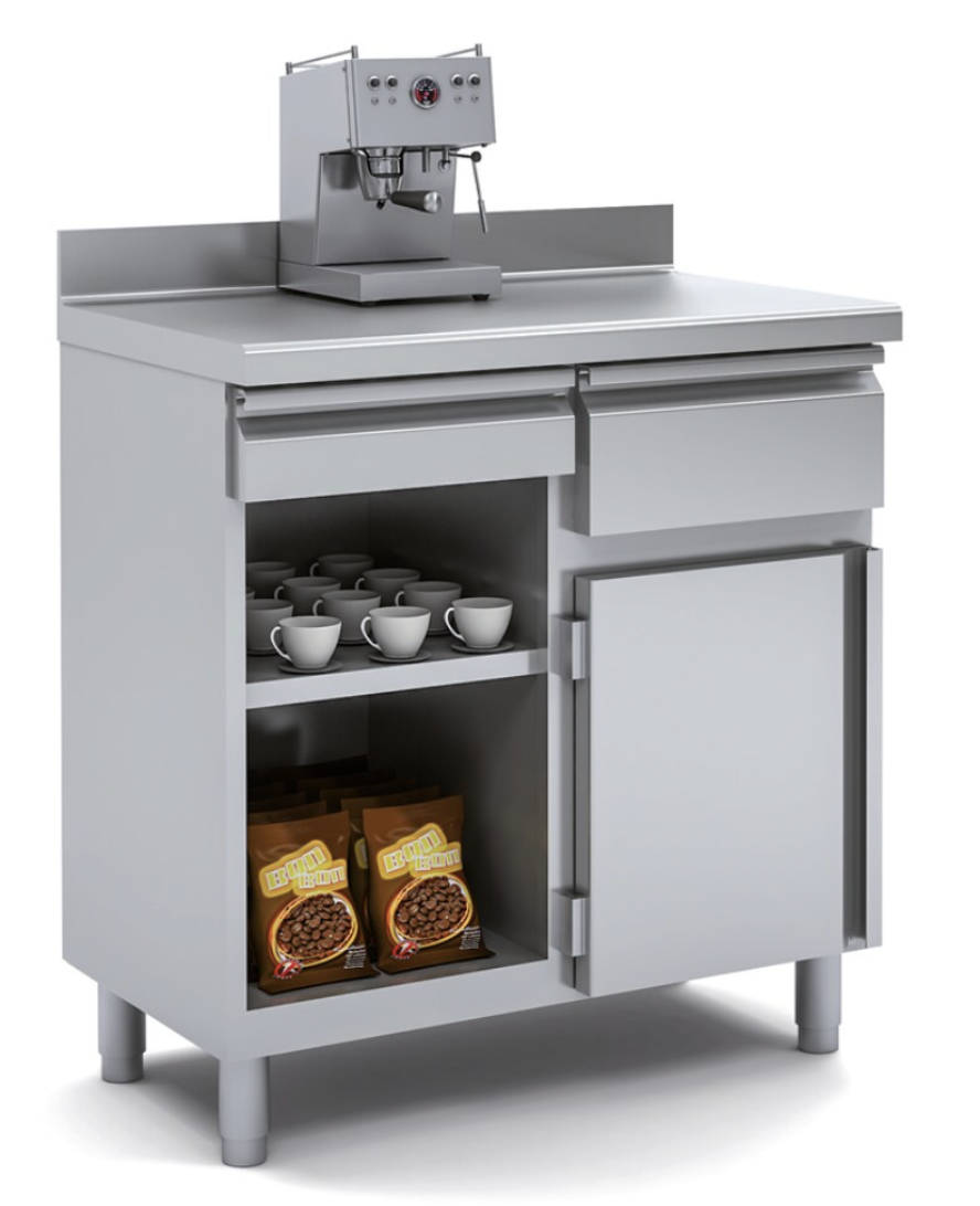 Mueble cafetero de acero inoxidable con cajón y tolba 1000 × 600 × 1040 mm